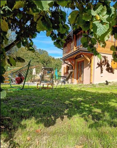 a yard with a house and a swing at Vikendica Jagodica in Ivanjica