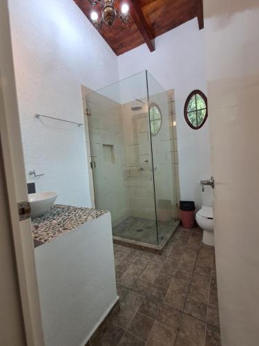 バジェ・デ・ブラボにあるcasa campiranaのバスルーム(ガラス張りのシャワー、トイレ付)
