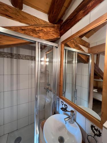 une salle de bain avec un lavabo et une douche dans l'établissement Chalet cosy pour 13 sauna, à Saint-Martin-de-Belleville