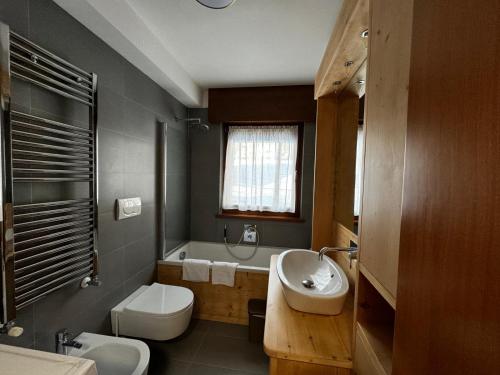 a bathroom with a sink and a toilet and a tub at Appartamento vista Dolomiti in Pieve di Cadore