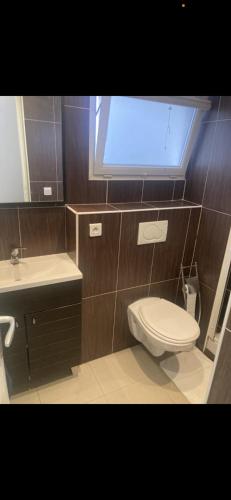 une salle de bain avec toilettes, lavabo et fenêtre dans l'établissement appartement au centre de Paris, 2ème arrondissement, à Paris