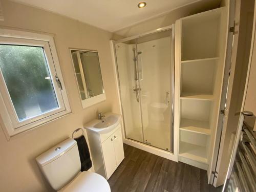 a bathroom with a toilet and a shower and a sink at Oak Tree Lodge with Hot Tub near Alton Towers in Croxden