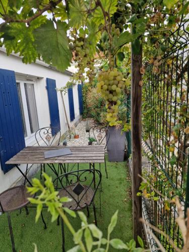 une table et des chaises dans un jardin avec une clôture dans l'établissement Maison Fétilly, sweet home, à La Rochelle