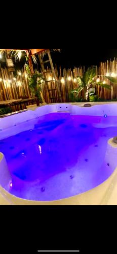 une grande piscine d'eau violette avec une clôture dans l'établissement La balinaise, à Évenos