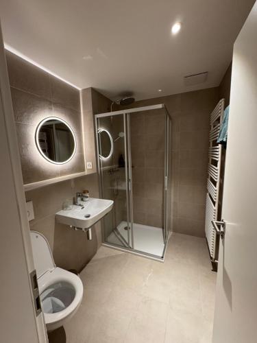a bathroom with a shower and a toilet and a sink at Auberge de l'Étoile in La Rippe
