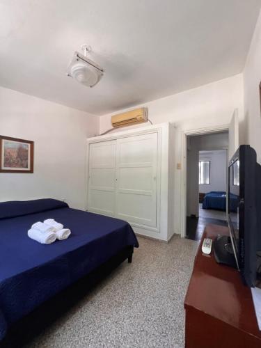 a bedroom with a blue bed and a tv at CaSaBELLa in La Floresta