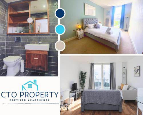 a bathroom and a bedroom with a bed and a sink at City Centre Flat within the Hayes Complex in Cardiff