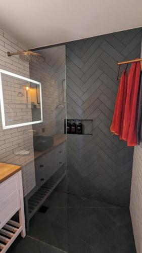 a shower with a glass door in a bathroom at Alpen Panoramic in Péone