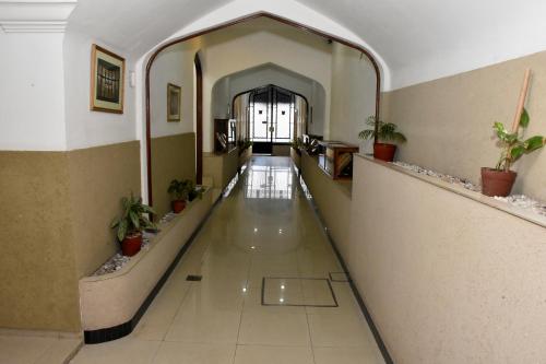 um corredor vazio num edifício com vasos de plantas em Bahia Belgrano Suites em Bahía Blanca