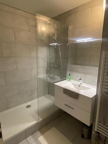 une salle de bain avec une douche, un lavabo et une baignoire dans l'établissement Evry Moon Apartment 70m2 Spacious and bright, Évry-Courcouronnes