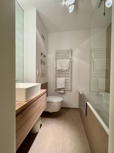 a bathroom with a sink and a toilet and a tub at Achentaler Auszeit in Schleching