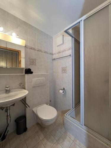 a bathroom with a toilet and a sink and a shower at Apartment with a garden, close to golf in Lens