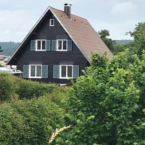 a black house with a gambrel roof at Wunderschönes Chalet mit Seeblick in Schluchsee