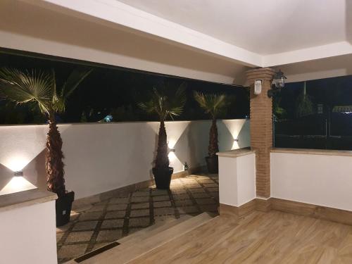 a room with palm trees on a wall with lights at Il sole di Roma in Casal Palocco