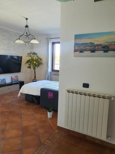 a bedroom with a bed and a flat screen tv at Il sole di Roma in Casal Palocco