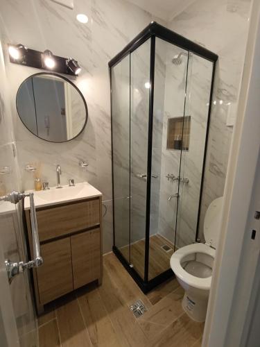 a bathroom with a shower and a sink and a toilet at Zit Flat Colon in Mar del Plata