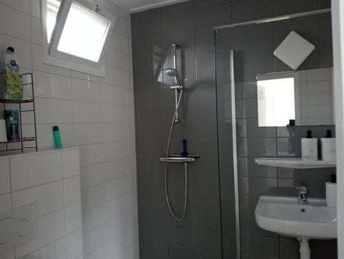 a bathroom with a shower and a sink at In het mooie Friesland Vele bezienswaardigheden in Hantum