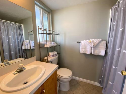ein Badezimmer mit Waschbecken, Toilette und Spiegel in der Unterkunft Lake View Condo 942 4 in Garden City