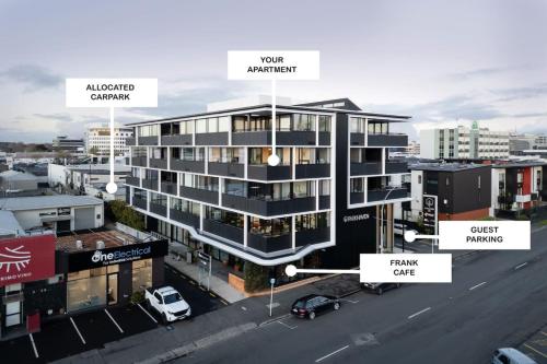 an aerial view of a building with descriptions of buildings at ParkHaven - Views, Luxury and central -By KOSH BNB in Hamilton