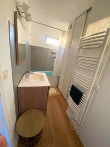 une petite salle de bain avec un lavabo et un miroir dans l'établissement Appartement T1 cosy- terrasse - parking gratuit, à Montpellier