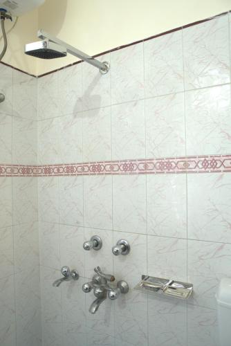 a shower in a bathroom with a glass wall at Himalayan Manor in Dehradun