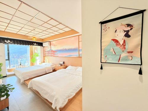Katil atau katil-katil dalam bilik di 连云港柒夕精品民宿 2号店