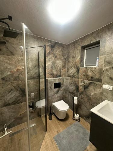 a bathroom with a shower and a toilet and a sink at Zołcyniańsko Panorama in Załuczne