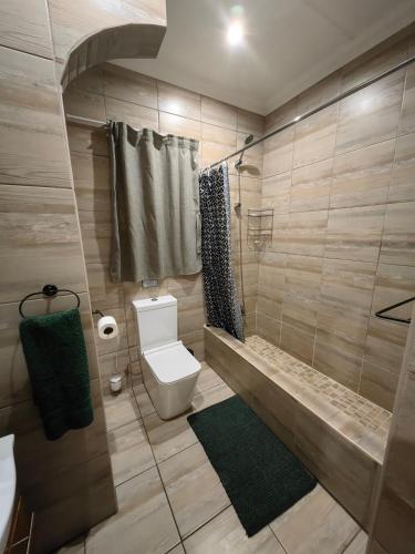 a bathroom with a toilet and a shower at Kudus Hide in Richards Bay