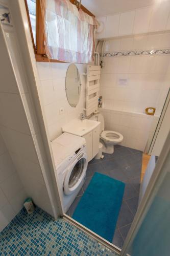 une salle de bain avec toilettes, lavabo et miroir dans l'établissement Appartement 7 personnes, Samoëns, à Samoëns