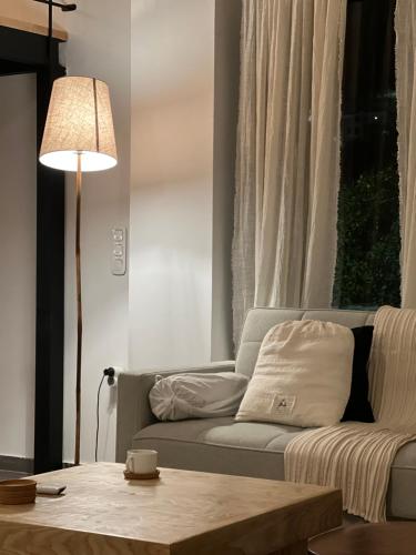 a living room with a couch and a lamp at Evas Urban loft 1 CLOSE TO PYTHAGOREIO in Chóra