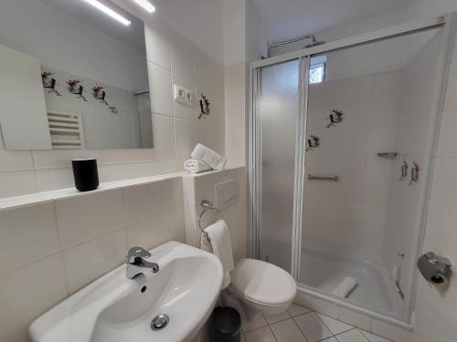 a bathroom with a shower and a sink and a toilet at Klaus Huus in Böhl