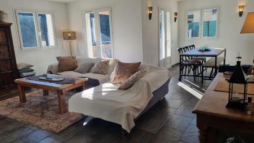 un salon avec un canapé et une table dans l'établissement Proche Nice 3 pièces de charme Aspremont village, à Aspremont