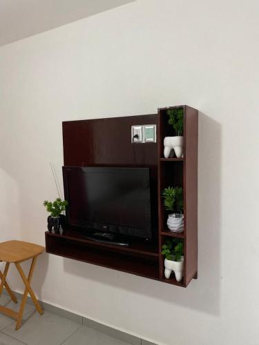 a flat screen tv on a wall with potted plants at Casa Puerta Paraíso in Tepic
