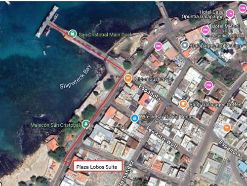una mappa della posizione approssimativa di una chiusura pianificata di un centro commerciale di Plaza Lobos a Puerto Baquerizo Moreno