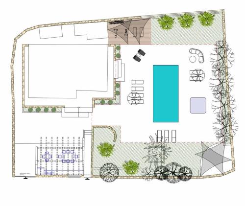a plan of a house with a swimming pool at Green Acre Villa in Karteros