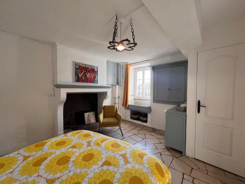 a bedroom with a bed and a fireplace at La Petite Ecluse in Tanlay