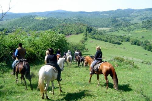 a group of people riding horses in a field at La Casa dei Nonni in Isola del Gran Sasso dʼItalia