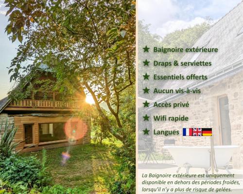 un panneau devant une maison avec un arbre dans l'établissement La Maison dans les Bois - Plages 30 min, à Penquesten