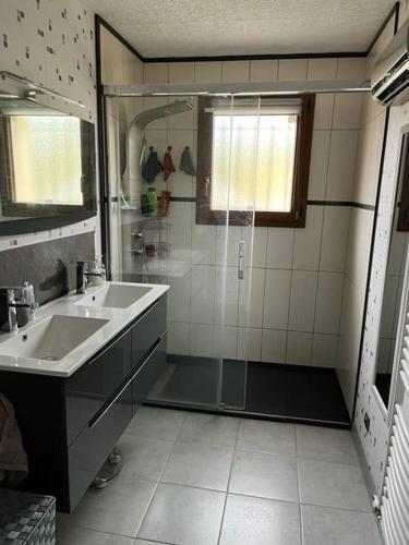 une salle de bain avec douche et lavabo dans l'établissement Maison 3 étoiles hautes Vosges vue directe sur la montagne, à Cornimont