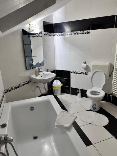 a bathroom with a tub and a toilet and a sink at Villa Ramiela in Arad