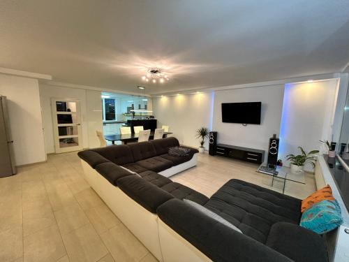 a living room with a couch and a television at Deluxe Estate in Hoofddorp