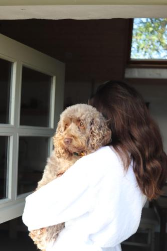 a woman holding a dog on her shoulder at Cosy Couples Retreat at THE COOP with Hot Tub in Kilkeel