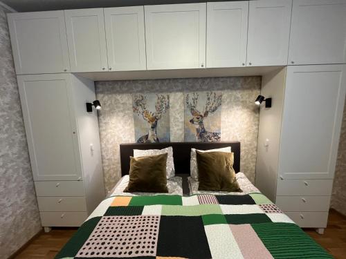 a bedroom with a large bed with white cabinets at KarlovaIdyll 7 - Homey Apartment with FREE Parking! in Tartu