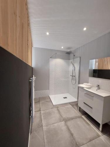 une salle de bain avec une douche, des toilettes et un lavabo dans l'établissement Rondinara Camara - Lecci Lodge, à Lecci
