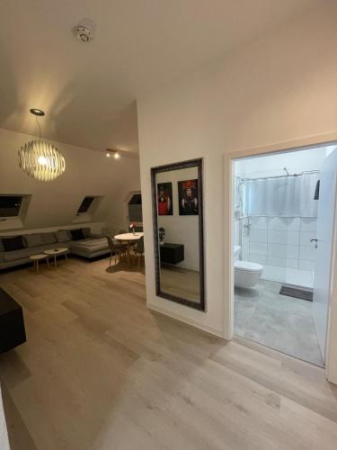 a living room with a mirror and a bathroom at Auszeit Offenburg in Offenburg