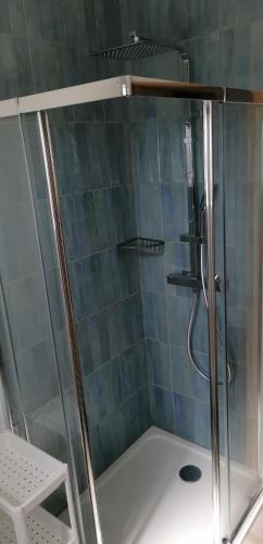 a shower with a glass door in a bathroom at Baleal Atlantic 10 in Baleal