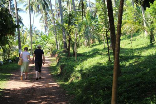 two people walking down a dirt path with palm trees at Jim's Farm Villas in Madawala