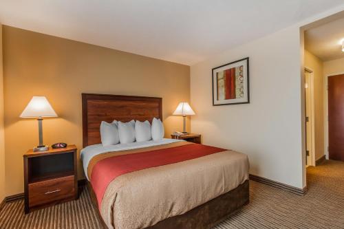 グランドアイランドにあるMainStay Suites Grand Islandの大型ベッド1台とランプ2つが備わるホテルルームです。