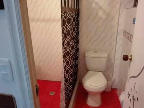 a small bathroom with a toilet and a shower at Serene Guest Room in Heart of Pasto, Colombia in Pasto