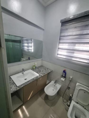 a bathroom with a sink and a toilet and a mirror at Stren Mulberry Apartments in Lagos